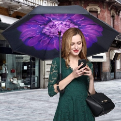 MKL INNOVATIONS ® Double Layer Inverted Rain / Windproof Uv Protection Umbrellas With C-Shaped Handle "purple Flower" Color
