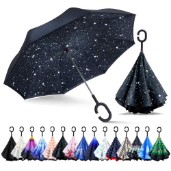 MKL INNOVATIONS ® Double Layer Inverted Rain / Windproof Uv Protection Umbrellas With C-Shaped Handle "black Sky" Color