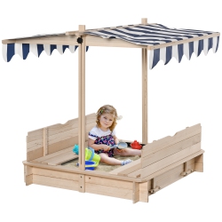 OUTSUNNY Kids Wooden Sandbox W/adjustable, Retractible Canopy & Foldable Bench Seats for 3-7 Years Old, Natural