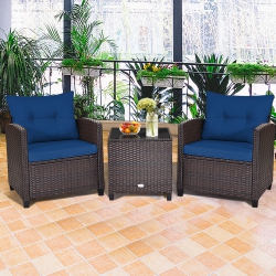 GYMAX 3PCs Outdoor Patio Rattan Conversation Set Garden Yard W/ Cushions In Navy