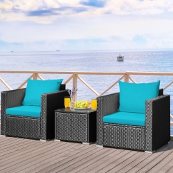 GYMAX 3PCs Rattan Patio Conversation Furniture Set Outdoor W/ Cushions In Turquoise