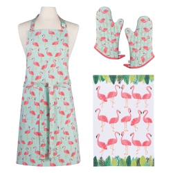 NOW DESIGNS Everyday Kitchen 4 Piece Apron Mitts And Dishtowel Set, Flamingos