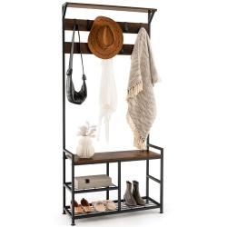 GYMAX 72" Freestanding Hall Tree 4-In-1 Coat Rack Shoe Bench W/ Top Shelf & 9 Removable Hooks
