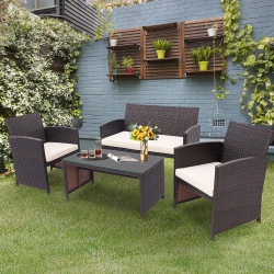 COSTWAY 4PCs Patio Rattan Furniture Set Cushioned Chair Sofa Coffee Table