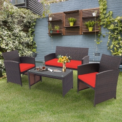 COSTWAY 4PCs Patio Rattan Furniture Set Cushioned Chair Sofa Coffee Table