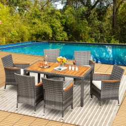 COSTWAY 7PCs Patio Rattan Dining Set Acacia Wood Table Cushioned Chair Mix In Gray
