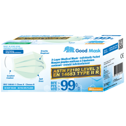 GOOD MASK Medical Astm Level 3 Disposable Face Mask - 30 Pieces Individually Packed - Arctic - Adult - Bfe, Pfe, Vfe>99% In Blue