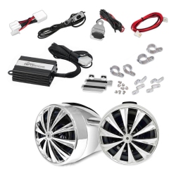 LANZAR 350 Watts X 2 Channels Micro Amplifier \w Wire Harness - Pair Of Chrome Handlebar Clamps - Easy Chrome Stainless Mounting Brackets And