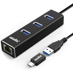 HLD USB to Ethernet Adapter, USB Hub 3-Port USB 3.0 Splitter Rj45+Gigabit Ethernet Network Adapter, \w USB Type C Adapter, Support Windows 10/8.1