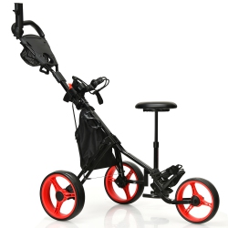 GYMAX 3-Wheel Foldable Golf Push Pull Cart Trolley W/ Seat Adjustable Handle