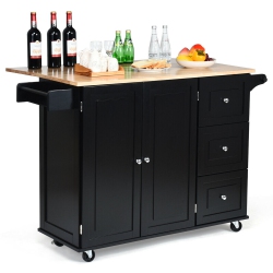 GYMAX Drop-Leaf Kitchen Island Trolley Cart Wood Storage Cabinet W/ Spice Rack In Black