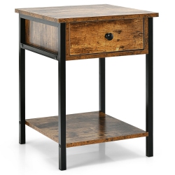 GYMAX Industrial End Side Table Nightstand With Drawer Shelf Rustic In Brown