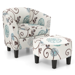 GYMAX Modern Accent Tub Chair&ottoman Set Fabric Upholstered Club Chair Floral In Grey