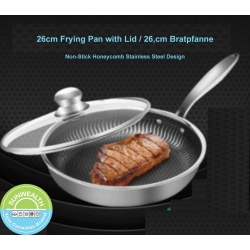 SUNWEALTH EZ LIVING Sunwealth 304 Stainless Steel Full Honeycomb Raised 26Cm Frying Pan. Bonus: Wood Spatula
