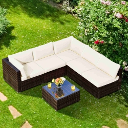 COSTWAY 6PCs Patio Rattan Furniture Set Cushioned Sofa Coffee Table Garden