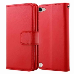 CSMART [Cs] Ipod Touch 5 / 6 / 7 Case, Magnetic Leather Folio Wallet Flip Case Cover With Card Slot In Red