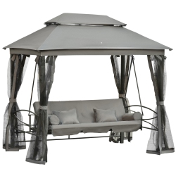 OUTSUNNY 3 Person Outdoor Patio Daybed, 3 In 1 Canopy Gazebo Swing Chair Garden Hammock With Sun Shade, Mesh Mosquito And Net, Dark In Grey