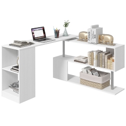 HOMCOM 55" L-Shaped Desk, 360° Rotating Corner Computer Desk, Reversible Home Office Workstation With 3-Tier Storage Shelves, Bookshelf In White