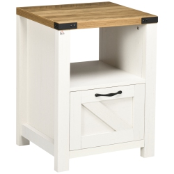 HOMCOM Side Table With Storage, Farmhouse End Table With Drawer, Open Shelf And Barn-Style Panel, Nightstand for Living Room, Bedroom In White