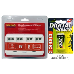 TITANIUM 8 Bay 9 Volt Smart Charger + 8 X 9 Volt Accupower Nimh Batteries (300 Mah)