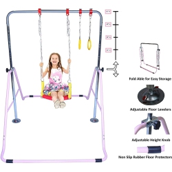 TOYKRAFT Gymnastics Bar Kids Home Training Kip Bar | 3 In 1 Set W Swing Seat, Trapeze Rings, Expandable Horizontal Bar Folding | Junior Gymnastics