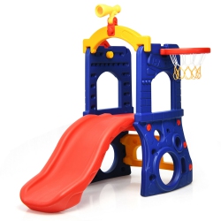 GYMAX 6-In-1 Freestanding Kids Slide W/ Basketball Hoop Play Climber Slide Set