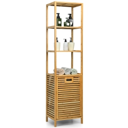 GYMAX Bathroom Tilt-Out Laundry Hamper Bamboo Tower Hamper W/3-Tier Shelves
