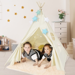 COSTWAY Kids Canvas Teepee Play Tent Foldable Playhouse Toys for Indoor Outdoor