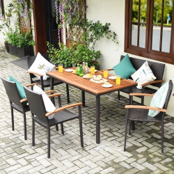 COSTWAY 6 PCs Patio Rattan Dining Set Acacia Wood Table Stackable Chair Bench