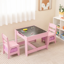 GYMAX 3 In 1 Kids Wood Table Chairs Set W/ Storage Box Blackboard Drawing In Pink