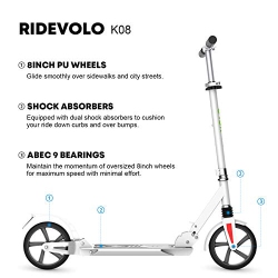 RideVOLO K08 Kick Scooter for 8 Years Old with 8inch Wheels and 3 Adjustable Height Folding System and Suspension System