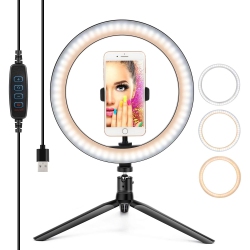 TIMOOM 10” Ring Light Led Desktop Selfie Ring Light USB Led Desk Camera Ringlight 3 Colors Light \w Tripod Stand Iphone Cell Phone Holder And