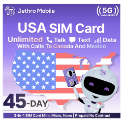JETHRO MOBILE Prepaid Usa Travel Sim Card, 4G Lte High-Speed Data, Unlimited Talk And Text, No Contract, 45 Days