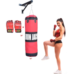 IRON JACK Heavy Bag Punching Bag Unfilled 3 In 1 Full Set, Includes Wall Mount Hanger \w Chains, Pair Of Mma Gloves, Boxing Bag, for Kickboxing