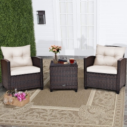 COSTWAY 3PCs Patio Rattan Furniture Set Cushioned Conversation Set Sofa