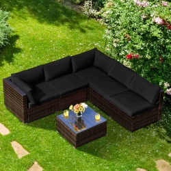 COSTWAY 6PCs Patio Rattan Furniture Set Cushioned Sofa Coffee Table Garden