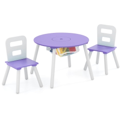 COSTWAY Kids Wooden Round Table & 2 Chair Set W/ Center Mesh Storage