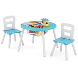 COSTWAY Kids Wooden Round Table & 2 Chair Set W/ Center Mesh Storage