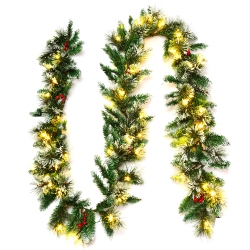 COSTWAY 9Ft Pre-Lit Christmas Garland W/ Snow Flocked Tips Berries 50 Lights & Timer In Red