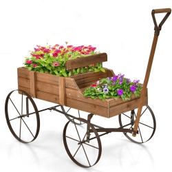 GYMAX Garden Plant Planter Wooden Wagon Planter W/ Wheel Garden Yard