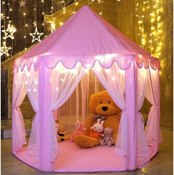 MONOBEACH Princess Castle Play Tent Kids Play House With Star Lights Girls Play Tents Toy for Indoor & Outdoor Games In Pink
