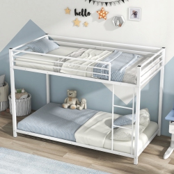 GYMAX Twin Over Twin Bunk Bed Frame Platform W/guard Rails & Side Ladder In White