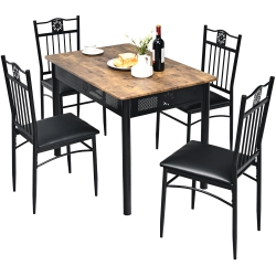 COSTWAY 5PCs Dining Set Metal Table & 4 Chairs Kitchen Breakfast Furniture In Black