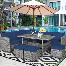 COSTWAY 7 PCs Patio Rattan Dining Set Sectional Sofa Couch Ottoman Garden In Navy