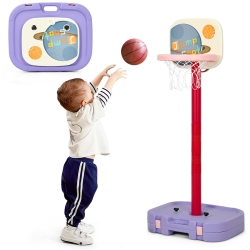 GYMAX Portable 2 In 1 Kids Basketball Hoop Stand W/ Ring Toss & Storage Box