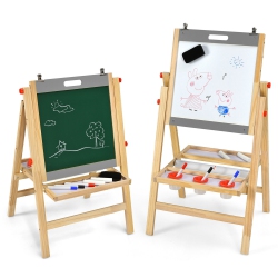 GYMAX Kids Art Easel W/ Whiteboard & Paper Roll Double Sided Chalkboard