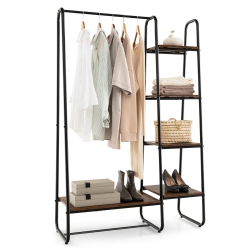 COSTWAY Clothes Rack Portable Closet Storage Organizer 5-Tier Wood Shelves & Hanging Rod