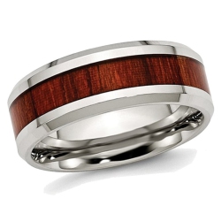 GEM AND HARMONY Mens Stainless Steel 8MM Polished Wood Inlay Wedding Band Ring In Red