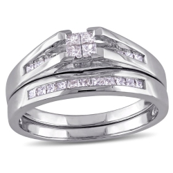 GEM AND HARMONY Princess Cut 1/2 Carat (Ctw Color H-I, Clarity I2-I3) Diamond Engagement Ring & Wedding Band Set In 14K Gold In White