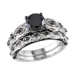 GEM AND HARMONY 1.39 Carat (Ctw) Black Diamond Engagement Ring And Wedding Band Set In 10K Gold In White